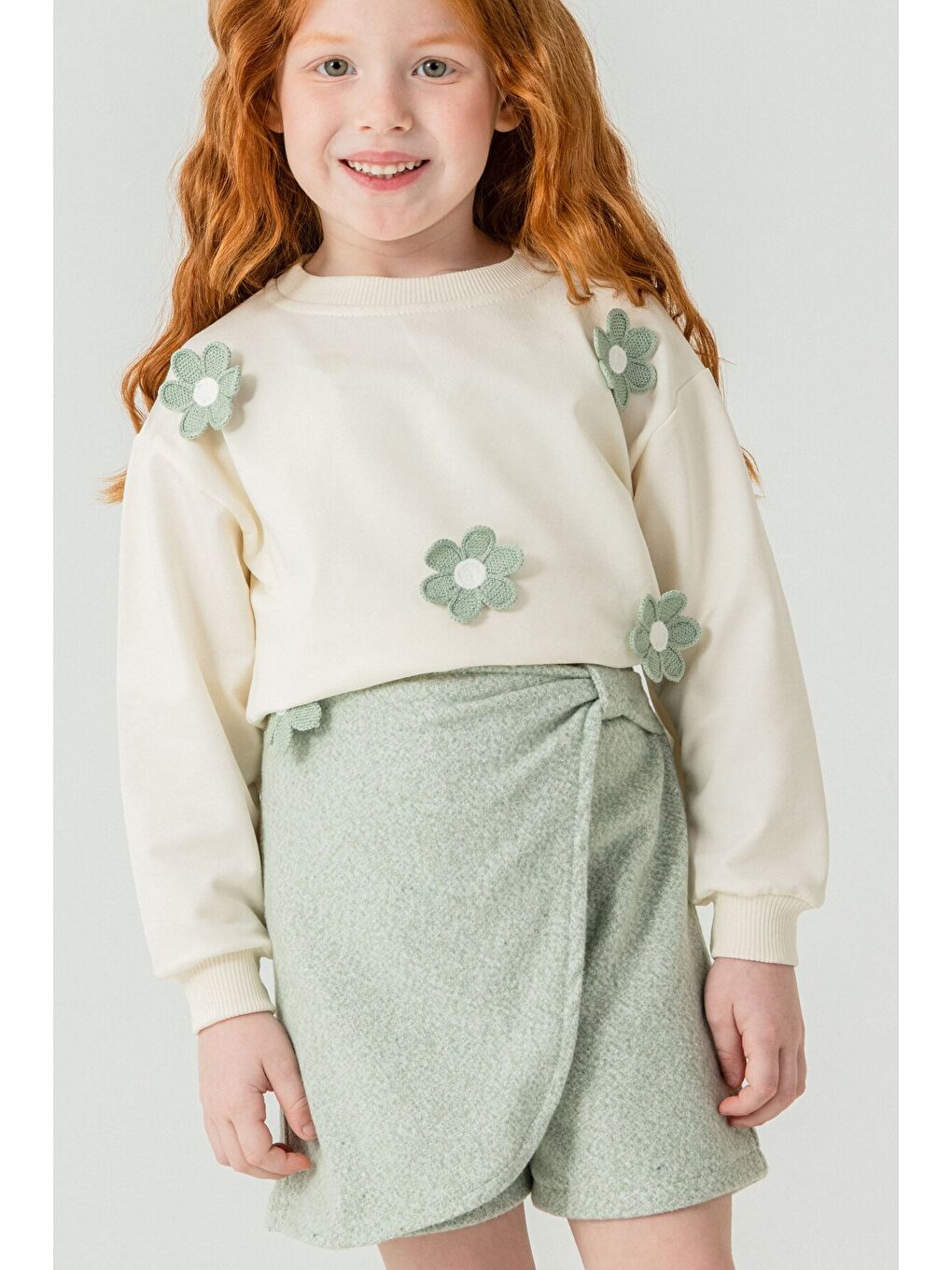 Yeşil Mint Kız Çocuk Papatya İşlemeli 2'li Takım 21531-1