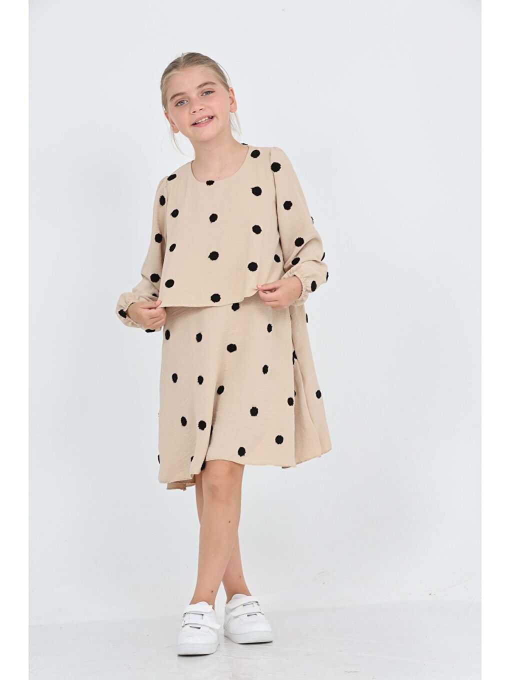 Bej Kız Çocuk Puantiye Detaylı Elbise-2