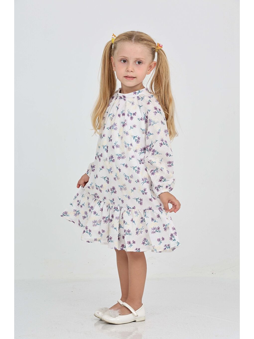 Mor Kız Çocuk Çiçek Desenli Elbise-1