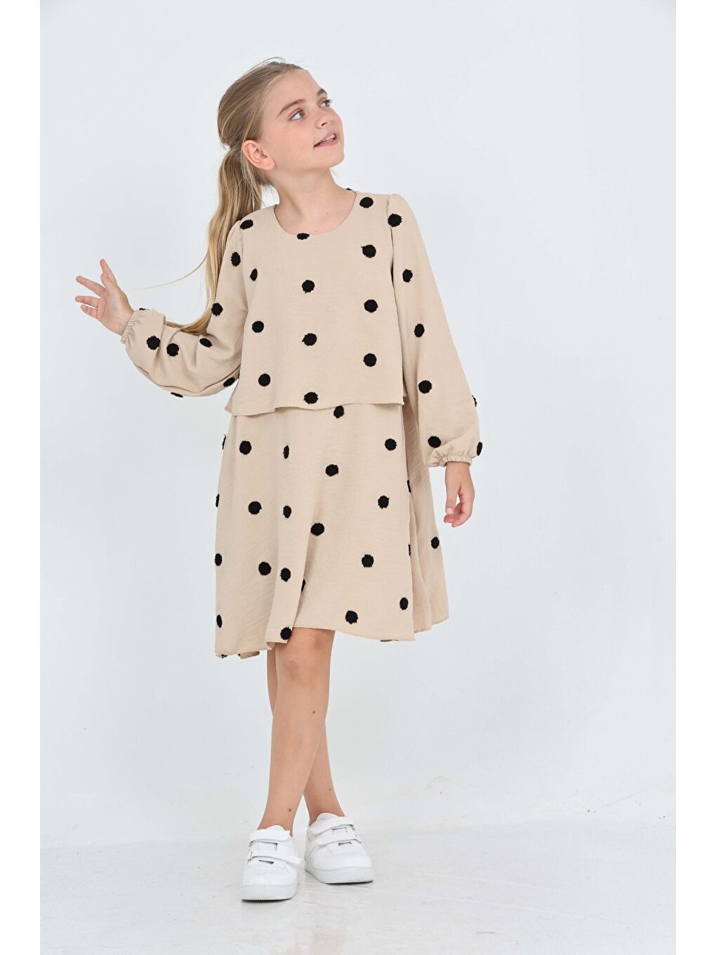 Bej Kız Çocuk Puantiye Detaylı Elbise-3