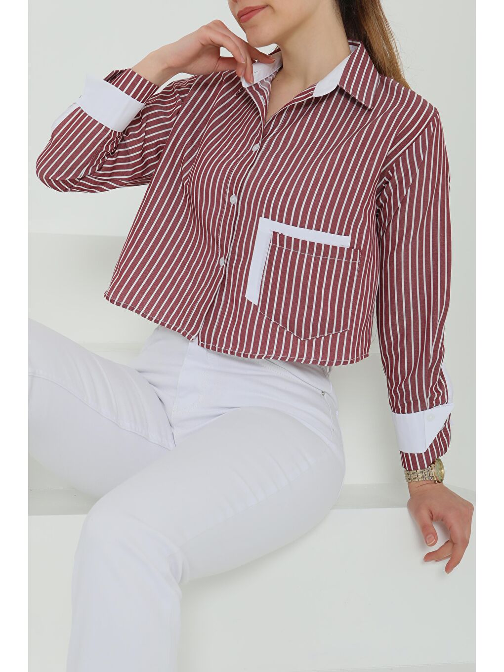 Çizgili Cepli Kısa Gömlek Bordo - 27083-1