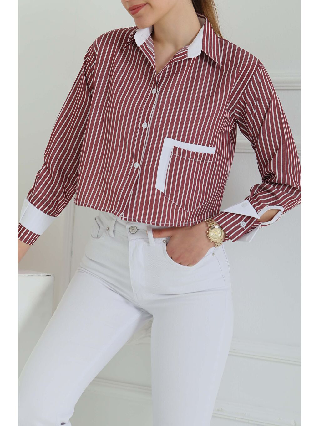 Çizgili Cepli Kısa Gömlek Bordo - 27083-2