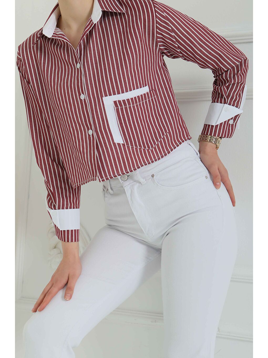 Çizgili Cepli Kısa Gömlek Bordo - 27083-3