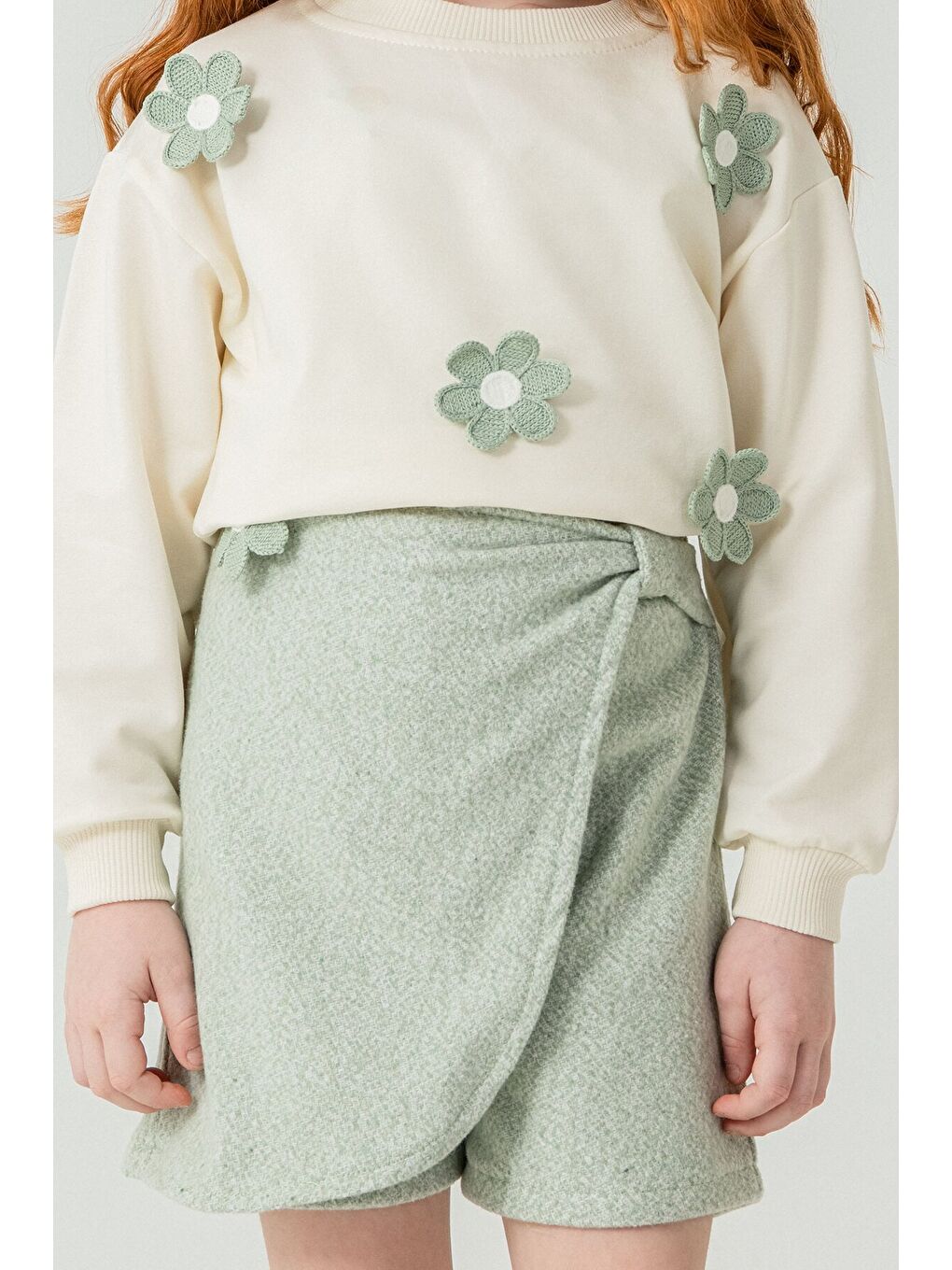 Yeşil Mint Kız Çocuk Papatya İşlemeli 2'li Takım 21531-2