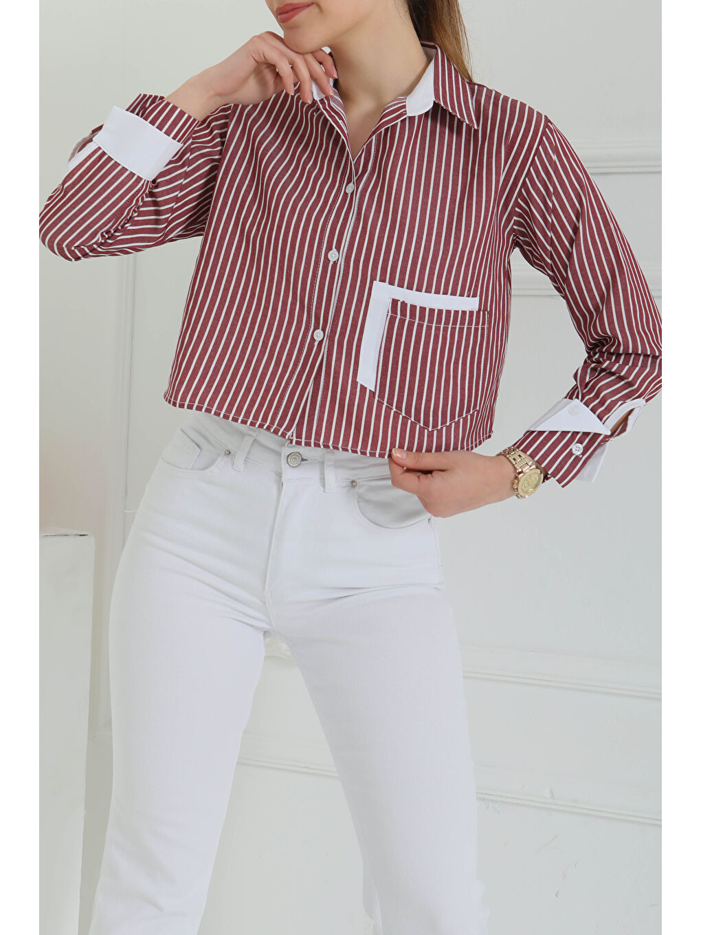 Çizgili Cepli Kısa Gömlek Bordo - 27083-4