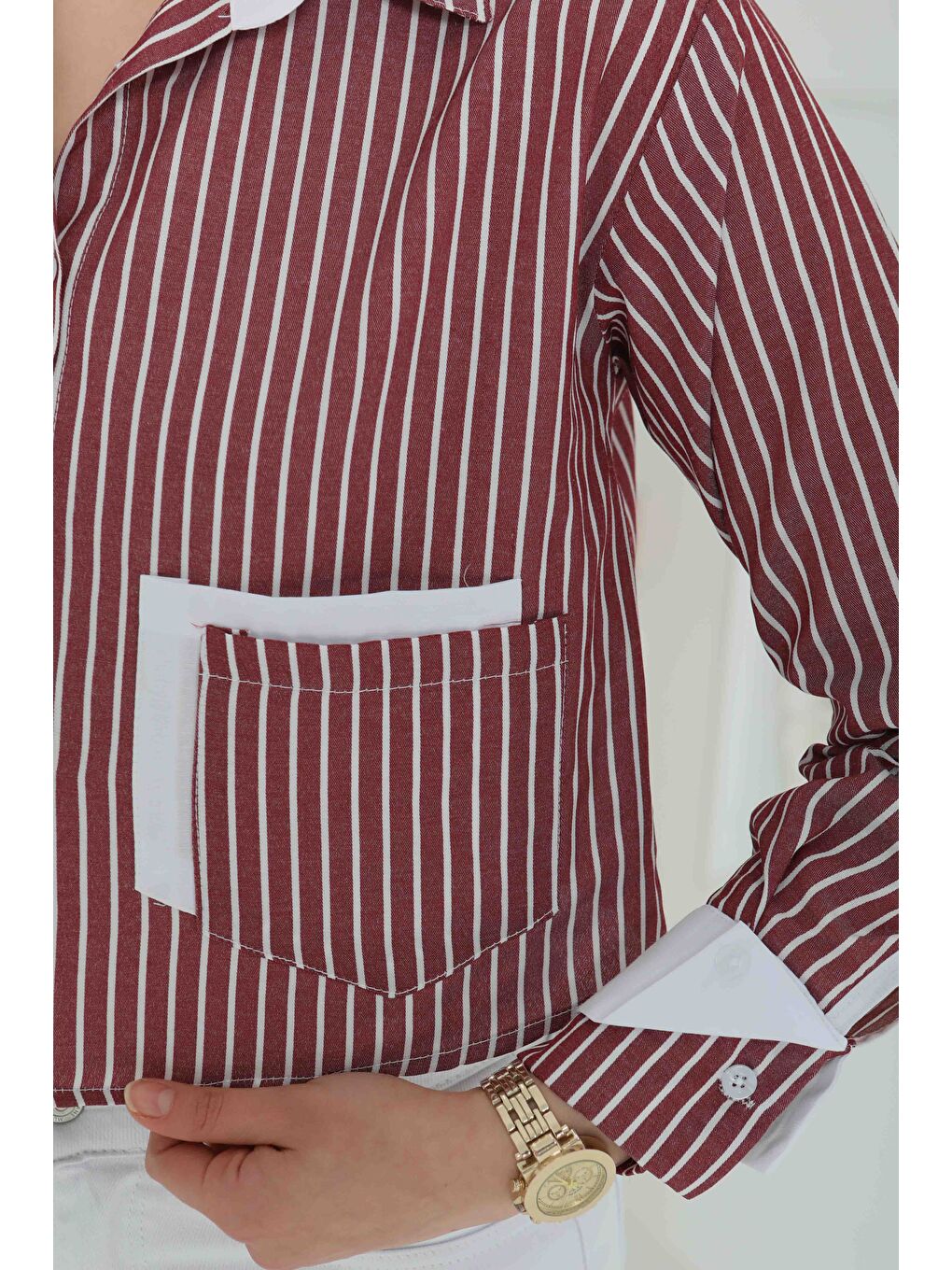 Çizgili Cepli Kısa Gömlek Bordo - 27083-5