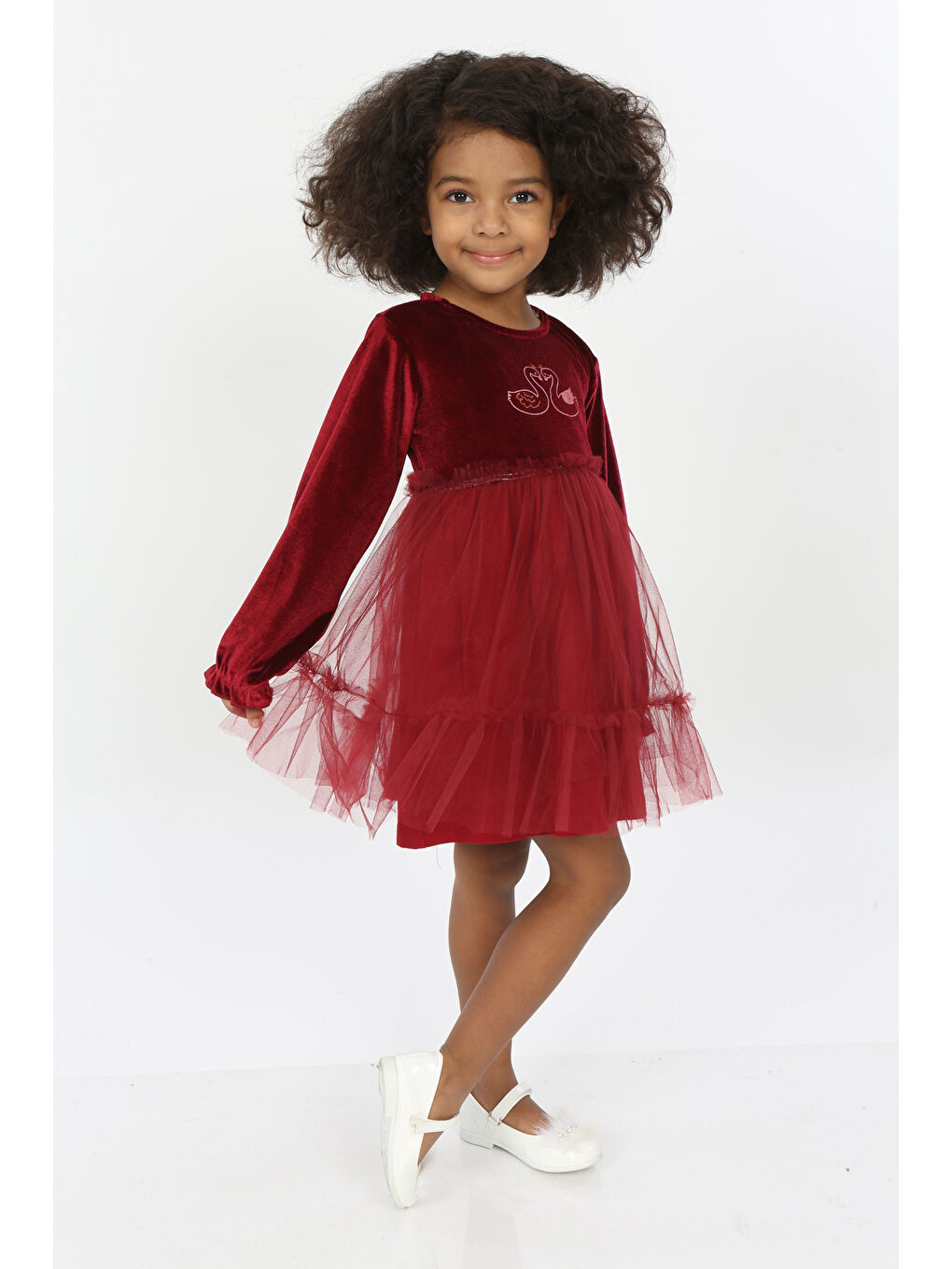 Bordo Kız Çocuk Kuğu Baskılı Kadife Elbise-1