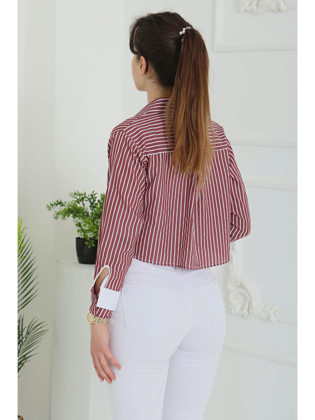 Çizgili Cepli Kısa Gömlek Bordo - 27083-6