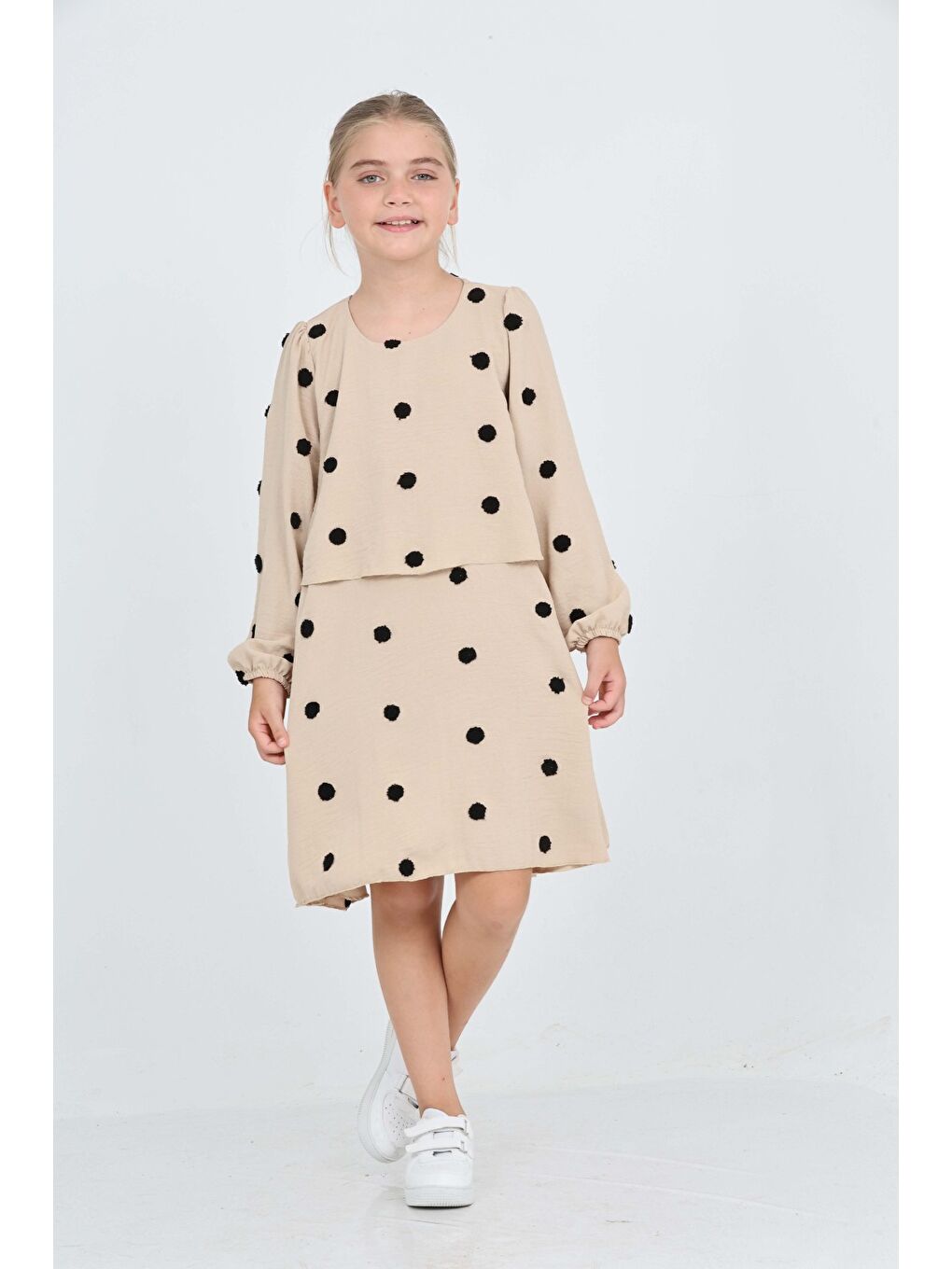 Bej Kız Çocuk Puantiye Detaylı Elbise-4