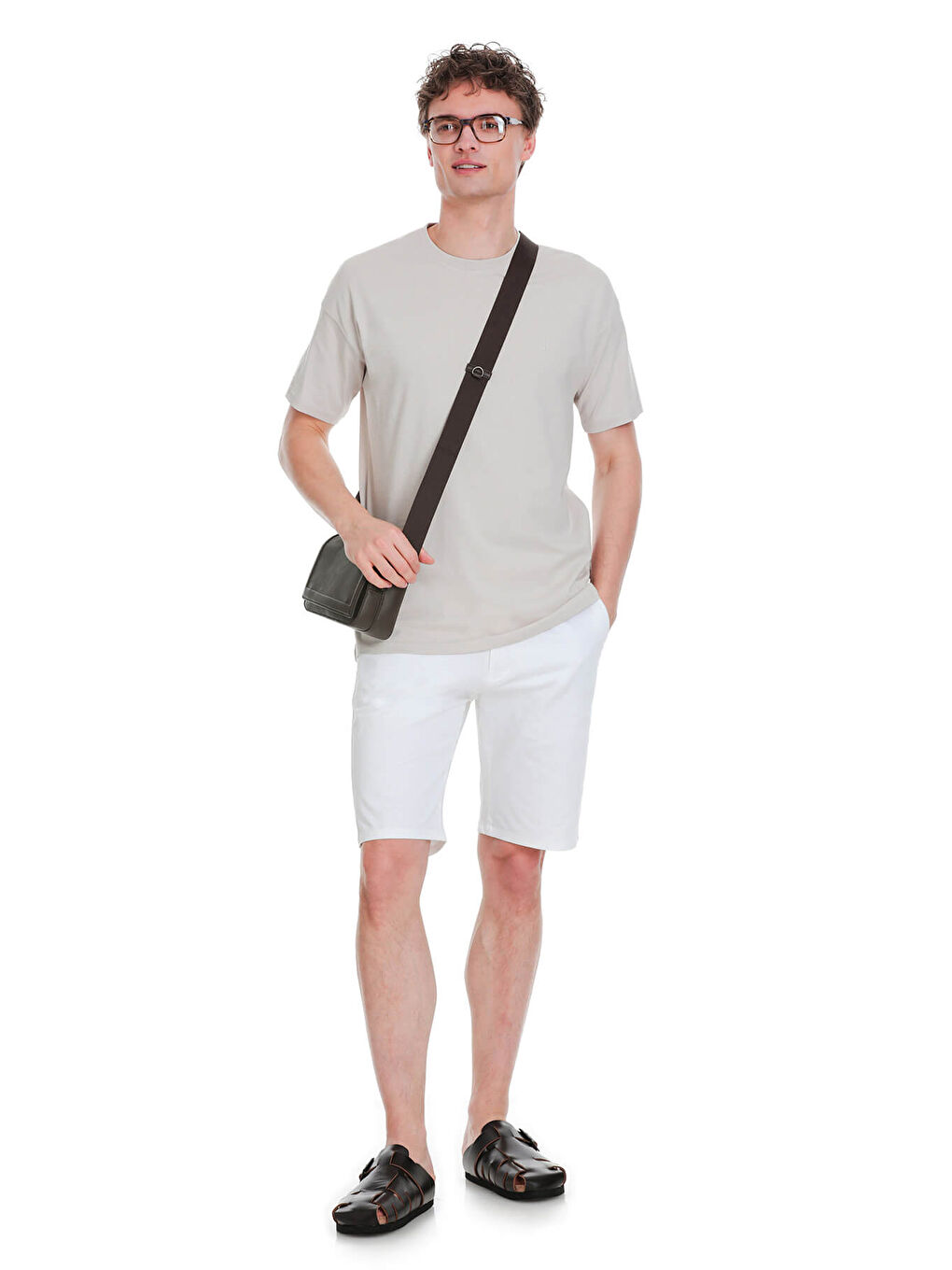 Bej Taş Regular Fit 100% Pamuk Bisiklet Yaka  Tişört-1