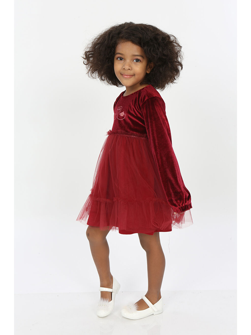 Bordo Kız Çocuk Kuğu Baskılı Kadife Elbise-2