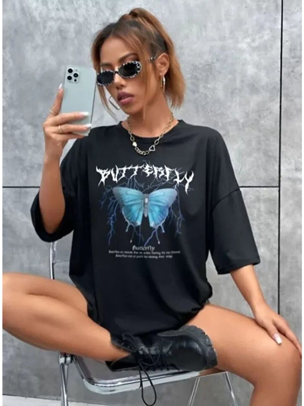 Unisex Baskılı Oversize T-Shirt - Siyah-2