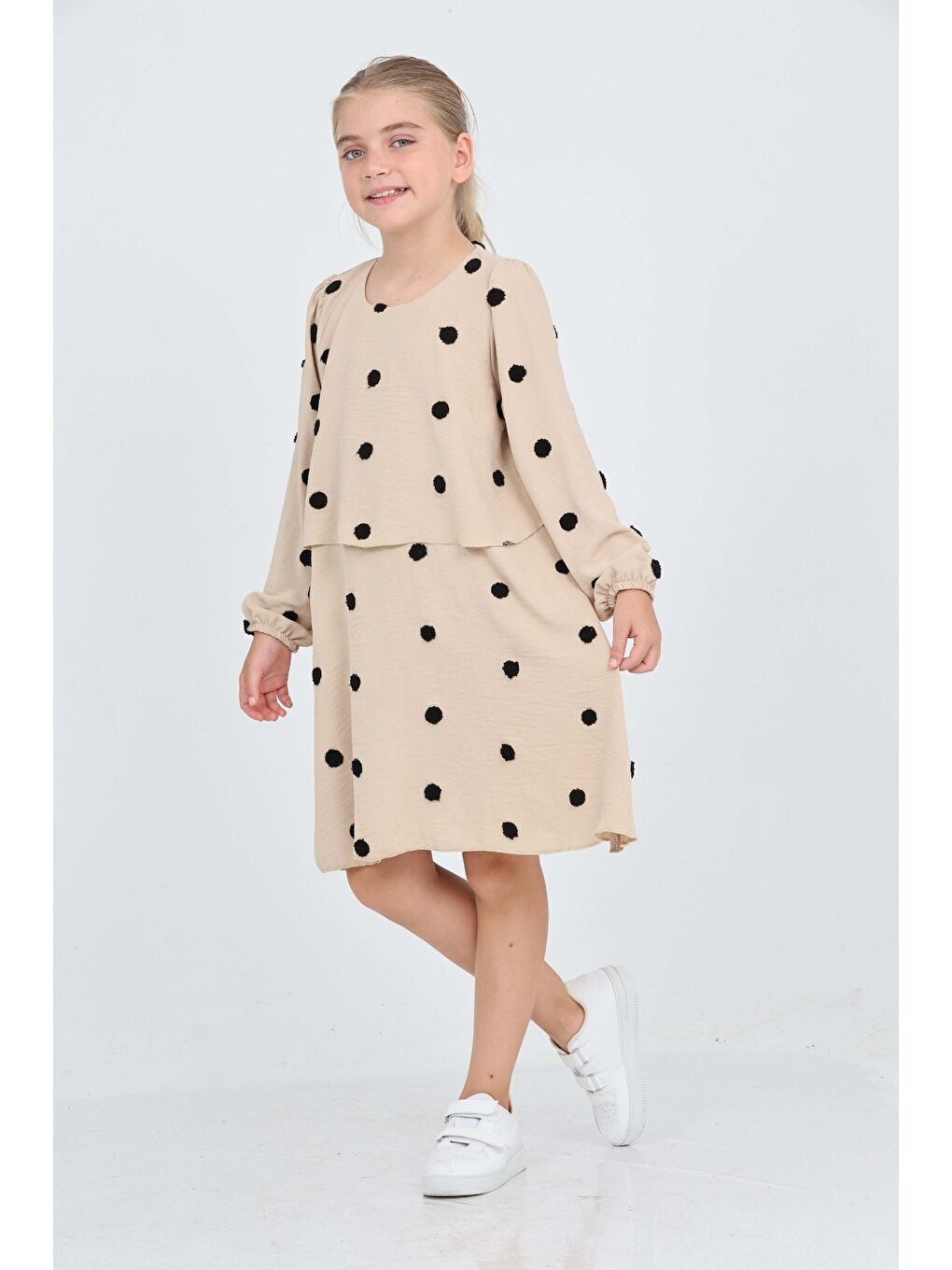 Bej Kız Çocuk Puantiye Detaylı Elbise-5