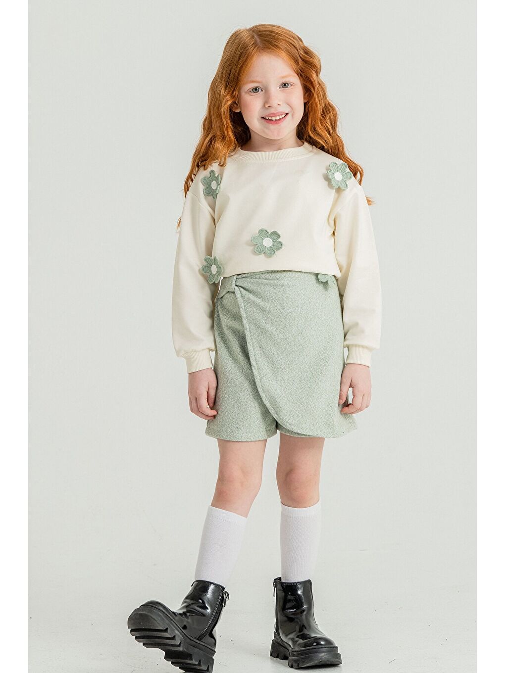 Yeşil Mint Kız Çocuk Papatya İşlemeli 2'li Takım 21531-3