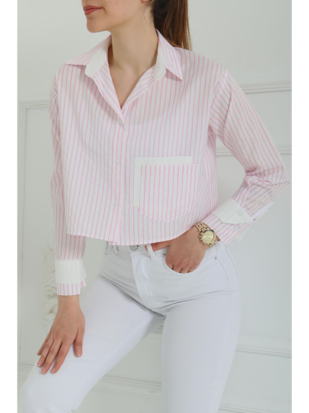 Çizgili Cepli Kısa Gömlek Pembe - 27083-1
