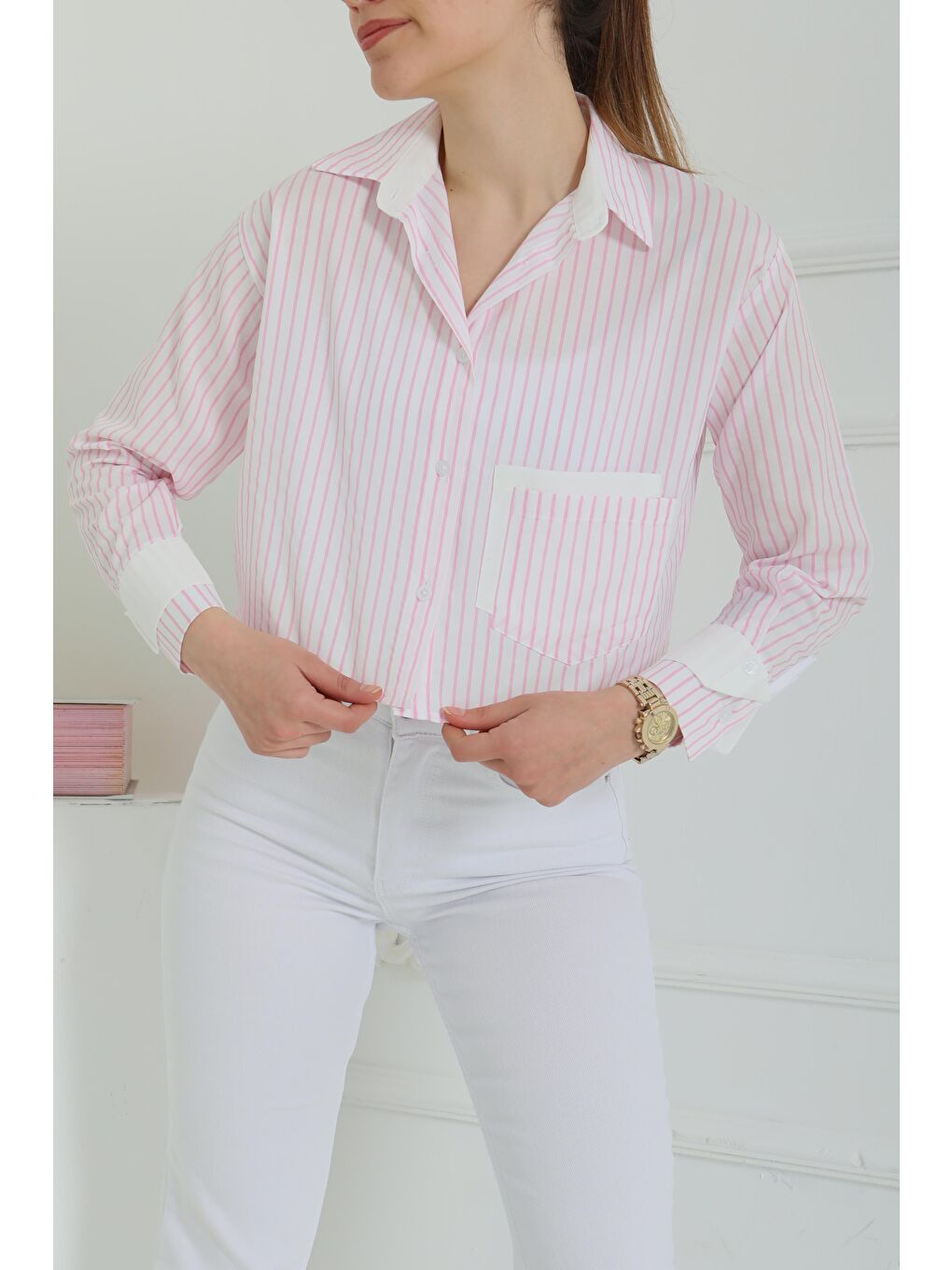 Çizgili Cepli Kısa Gömlek Pembe - 27083-2