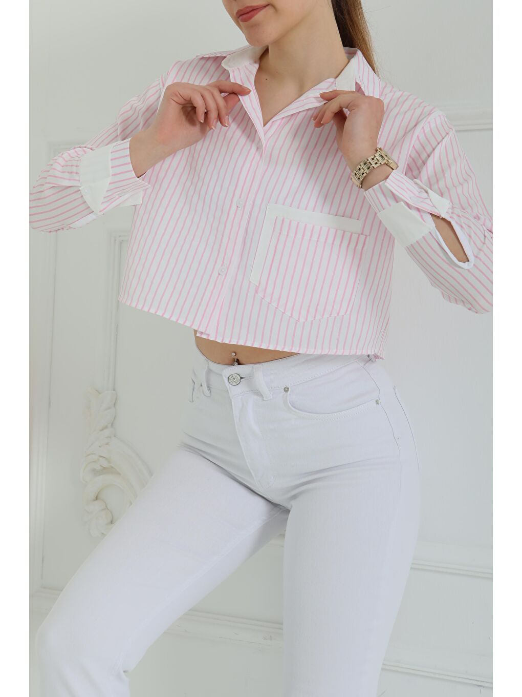 Çizgili Cepli Kısa Gömlek Pembe - 27083-3