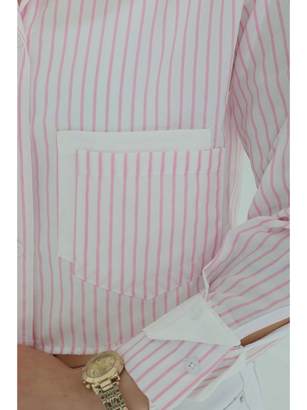 Çizgili Cepli Kısa Gömlek Pembe - 27083-4