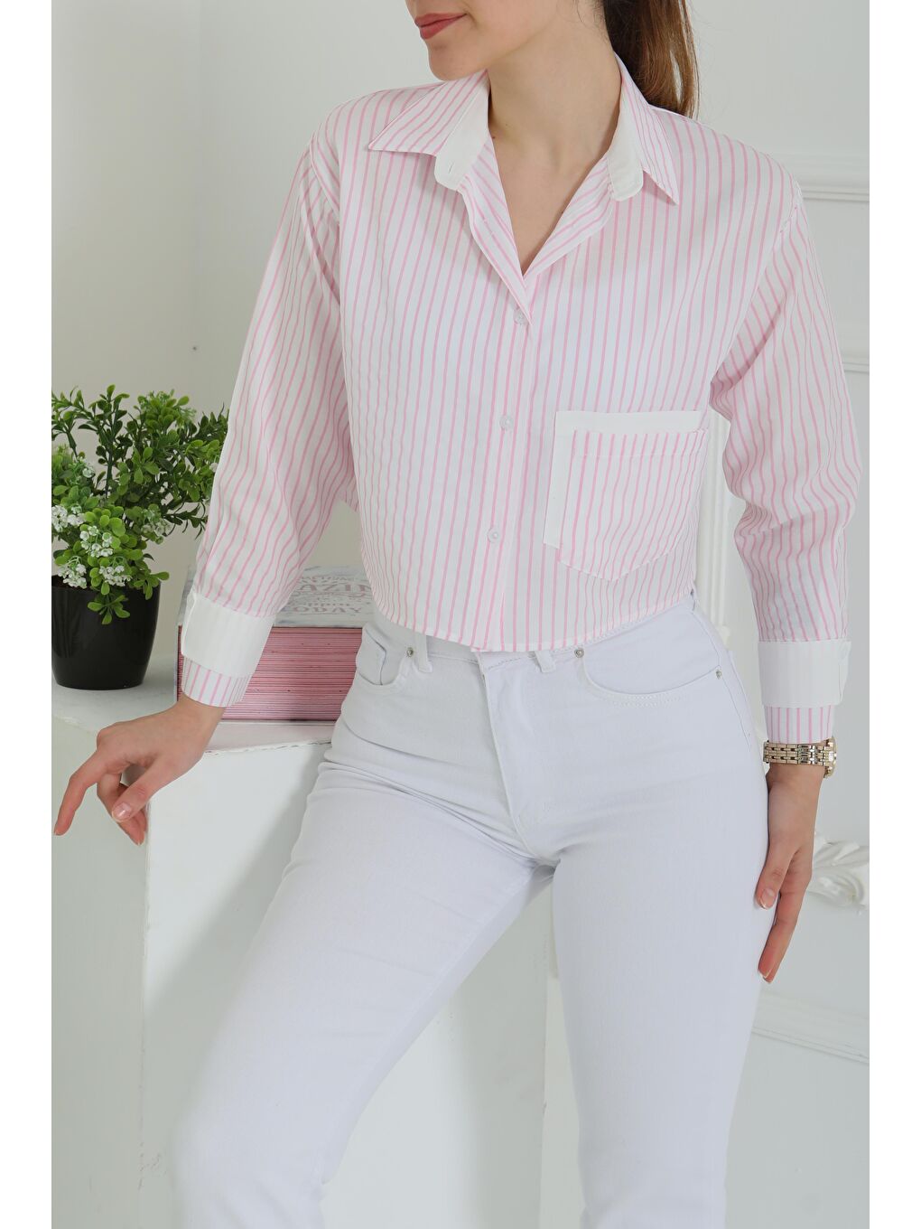 Çizgili Cepli Kısa Gömlek Pembe - 27083-5