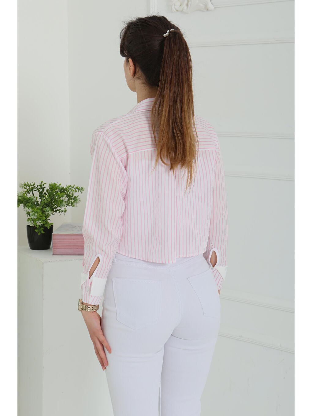 Çizgili Cepli Kısa Gömlek Pembe - 27083-6
