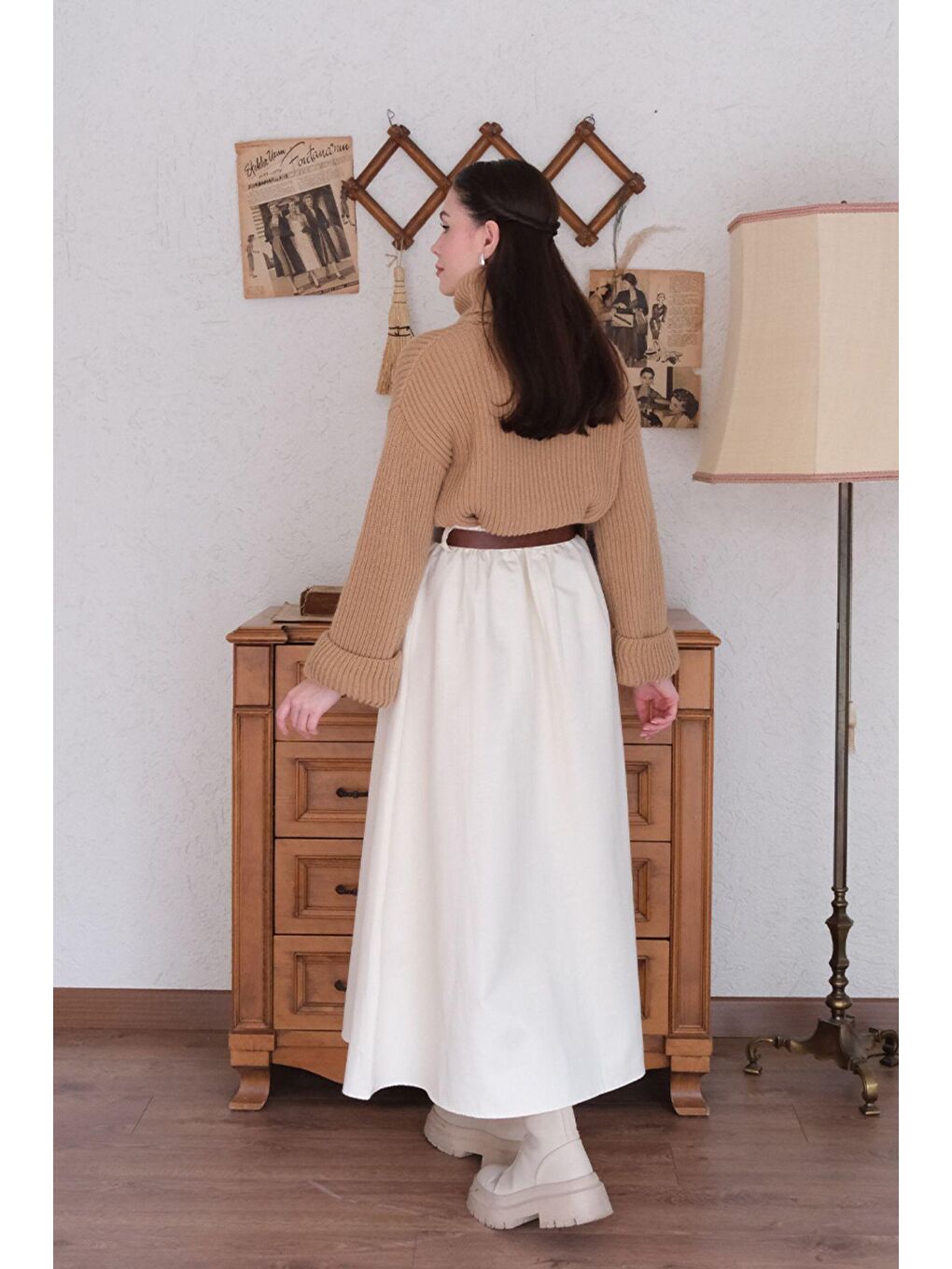 Ekru Tek Düğmeli Keten Etek-3