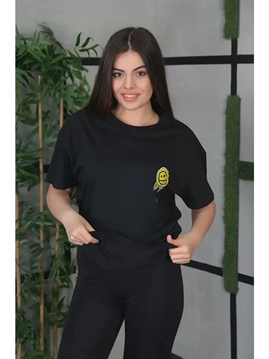 Unisex Bisiklet Yaka Baskılı Oversize T-Shirt - Siyah-1