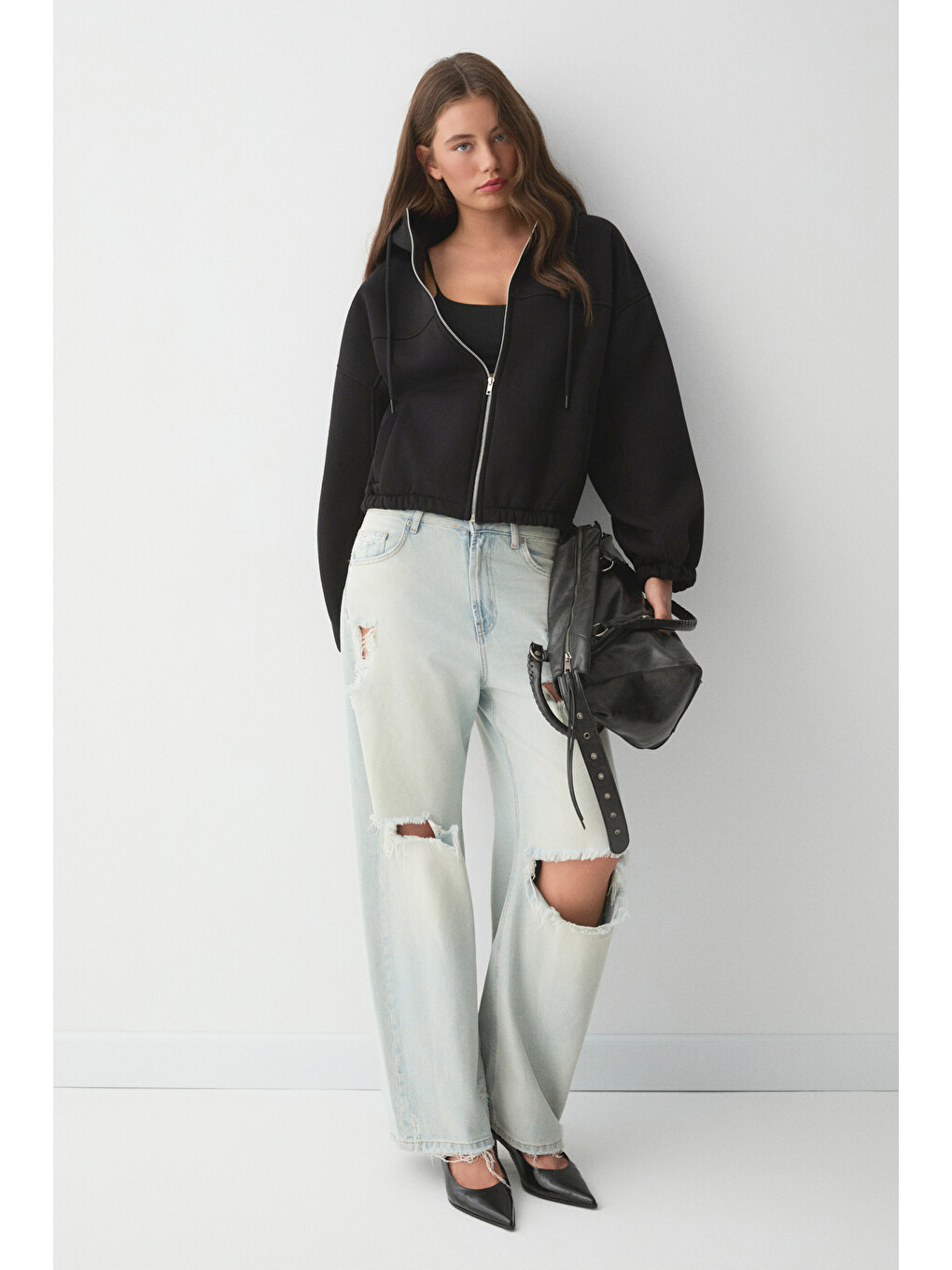 Valıt Kadın Çift Cepli Eteği Ve Kol Ucu Lastikli Fermuarlı Oversize Siyah Sweatshirt-1