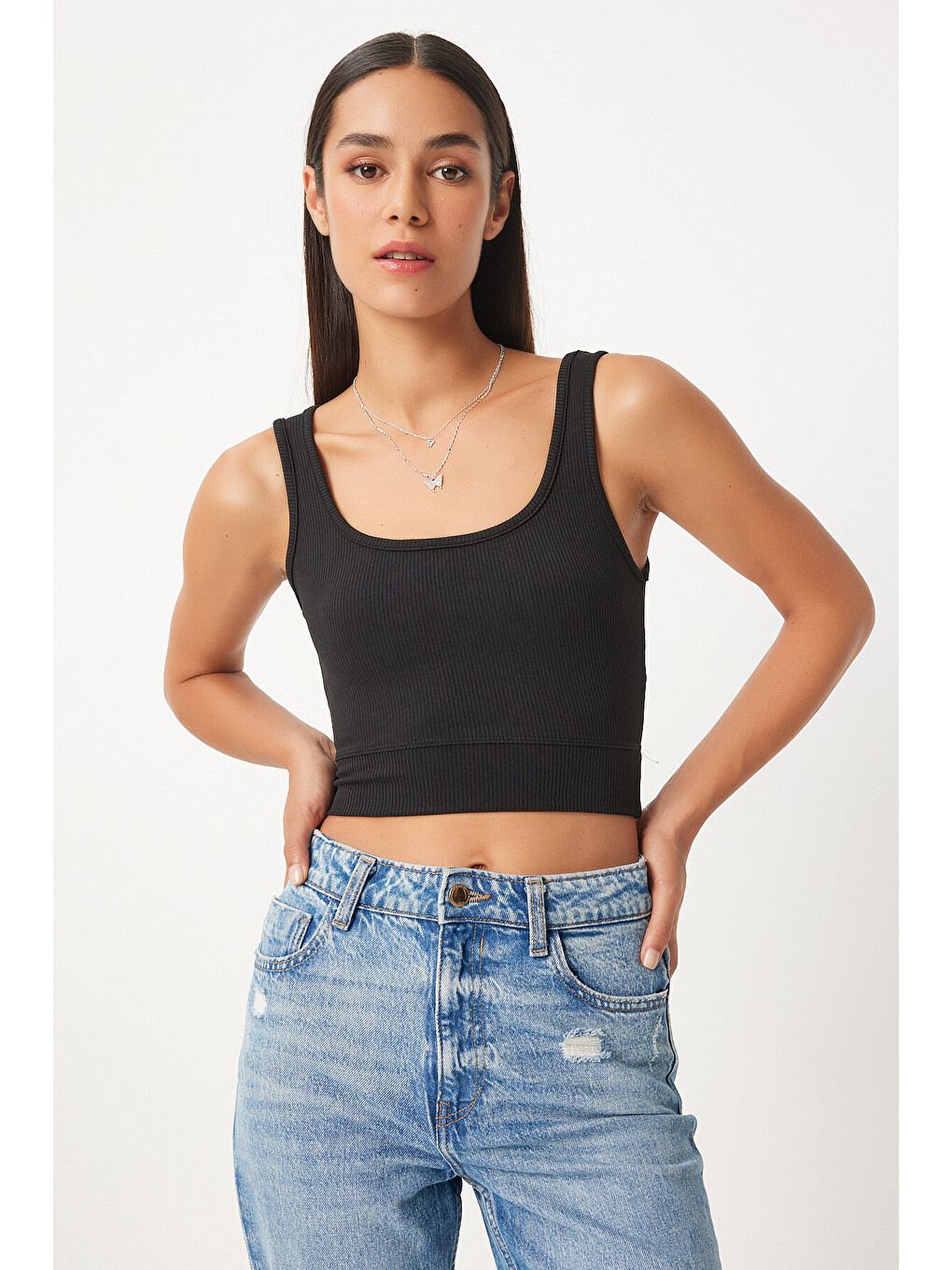 Siyah 2'li Kare Yaka Askılı Fitilli Crop Örme Bluz SİYAH PUDRA LBF0002-1