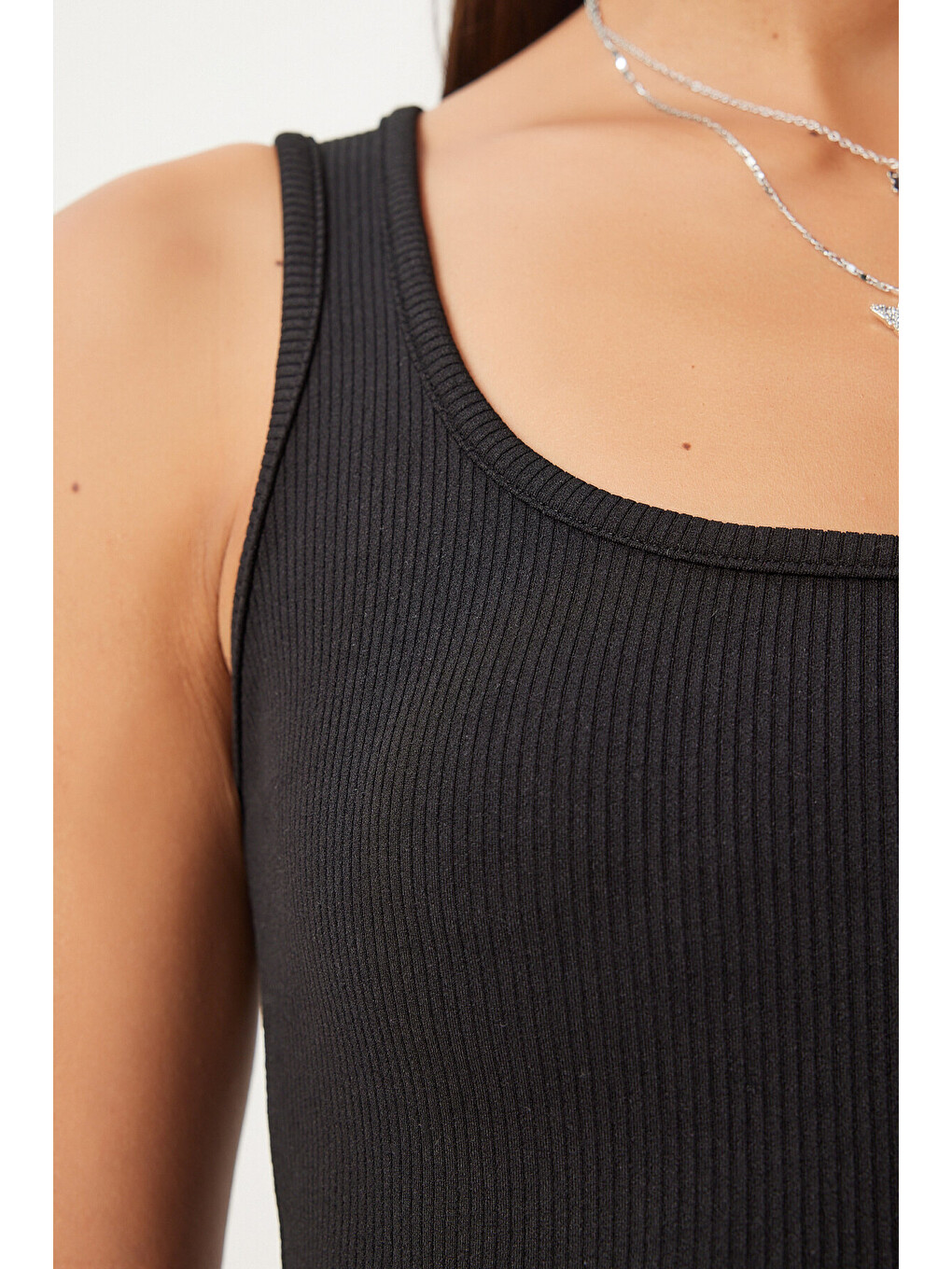 Siyah 2'li Kare Yaka Askılı Fitilli Crop Örme Bluz SİYAH PUDRA LBF0002-2