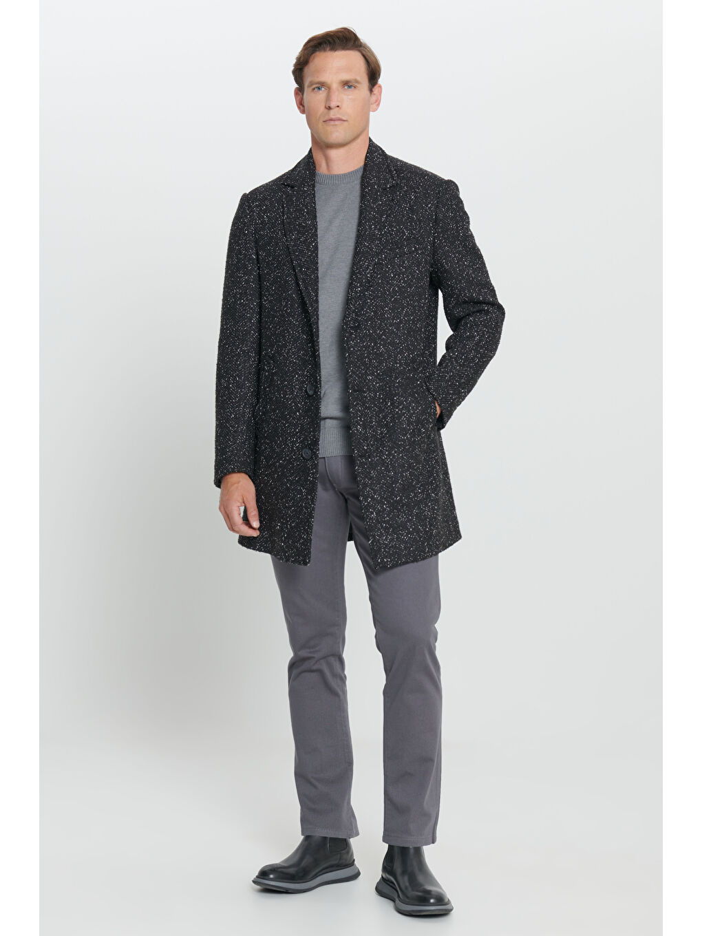 Erkek Siyah Standart Fit Normal Kesim Mono Yaka Desenli Yünlü Palto