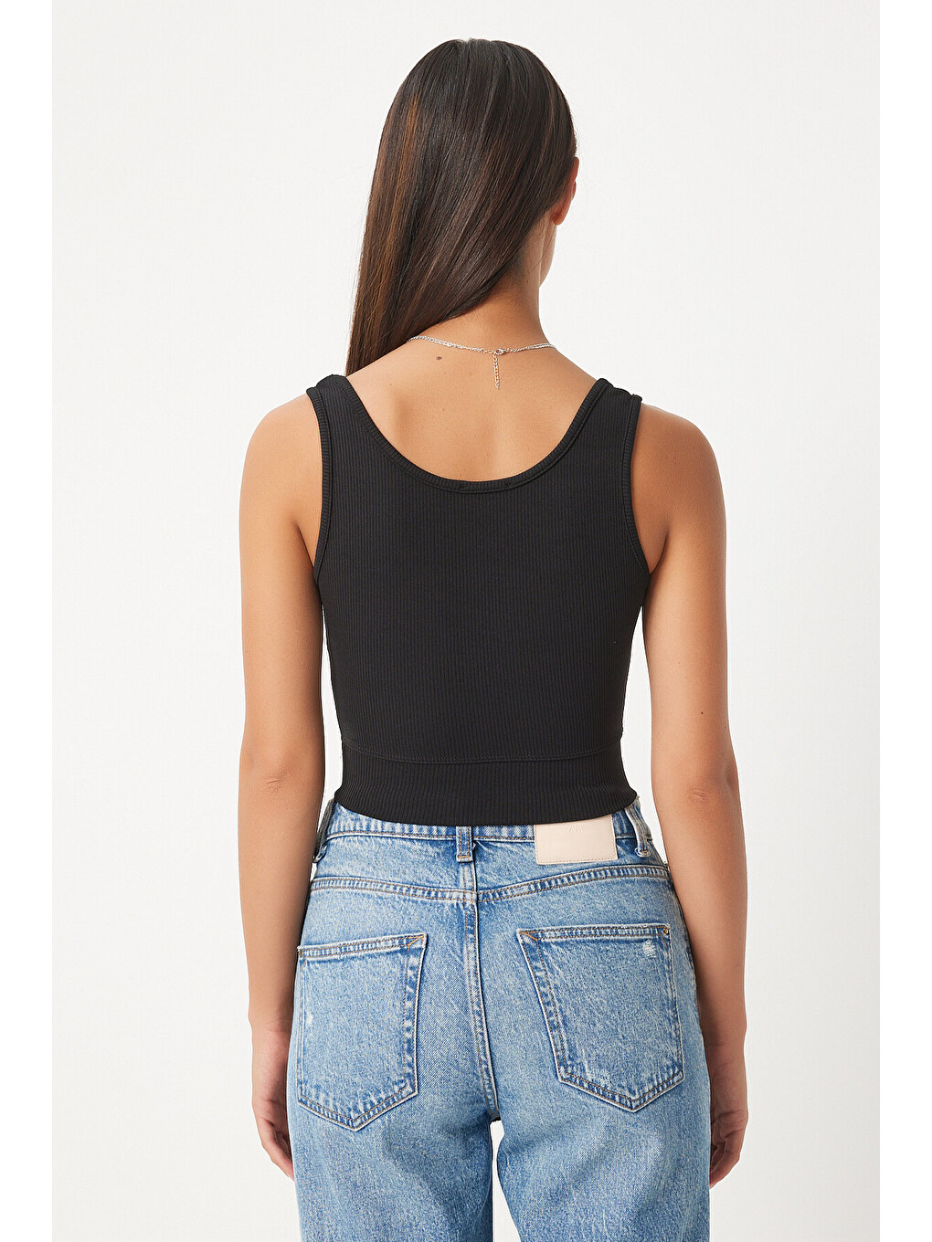 Siyah 2'li Kare Yaka Askılı Fitilli Crop Örme Bluz SİYAH PUDRA LBF0002-3