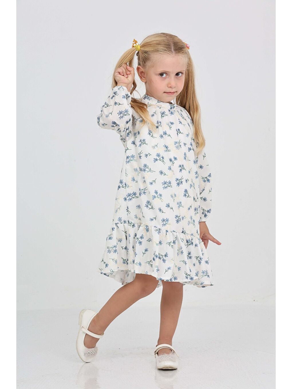 İndigo Kız Çocuk Çiçek Desenli Elbise-1