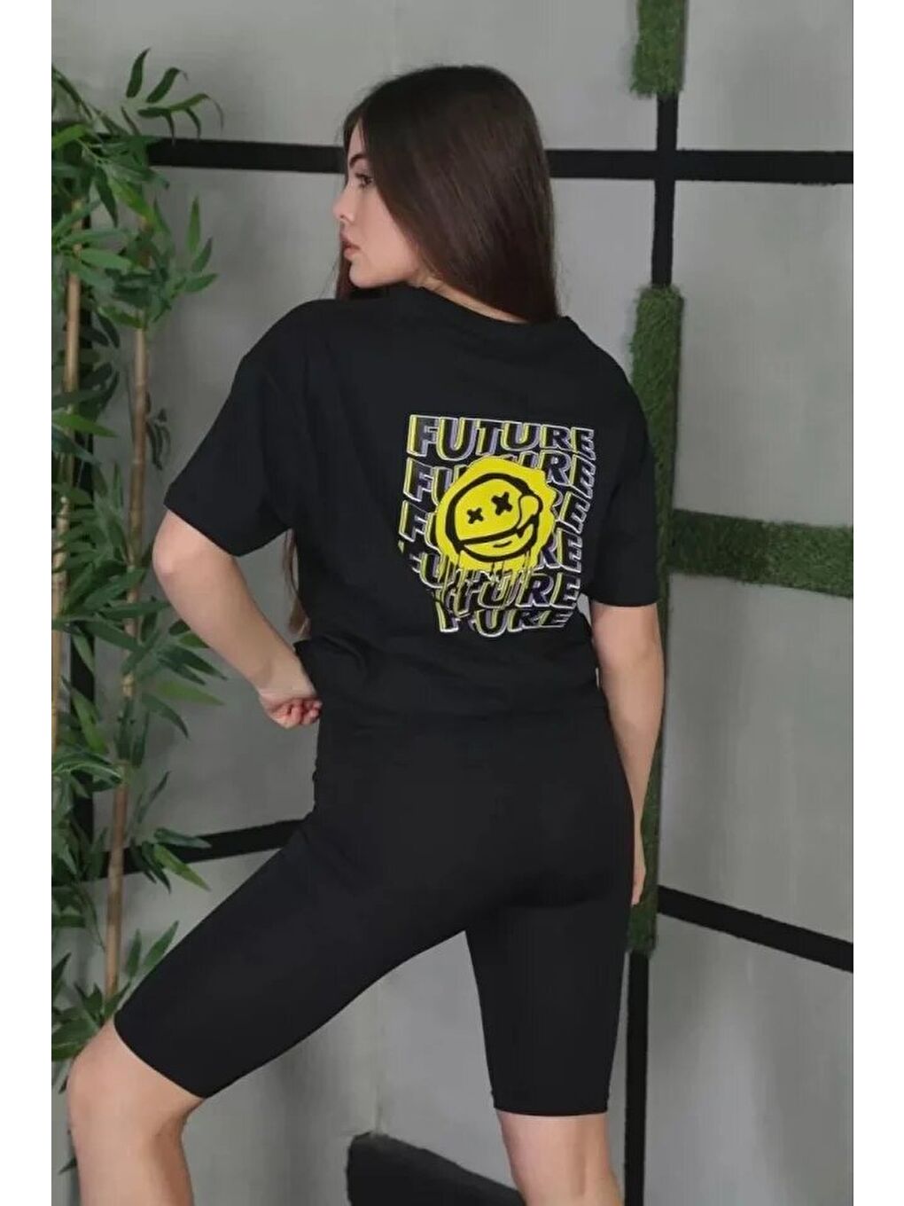 Unisex Bisiklet Yaka Baskılı Oversize T-Shirt - Siyah-2