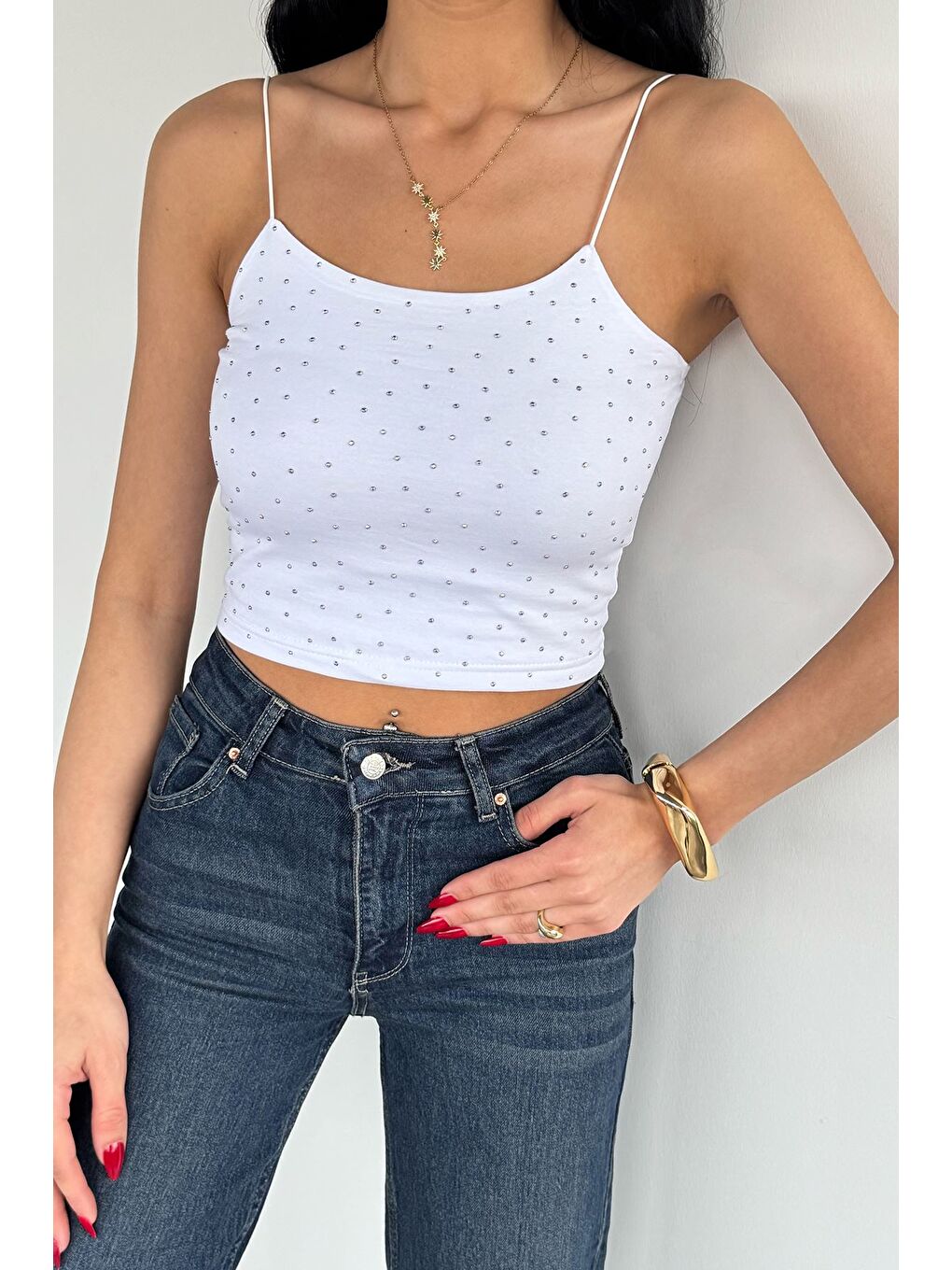 Beyaz Kadın Lastik Askılı Taşlı Crop Top Bluz-1