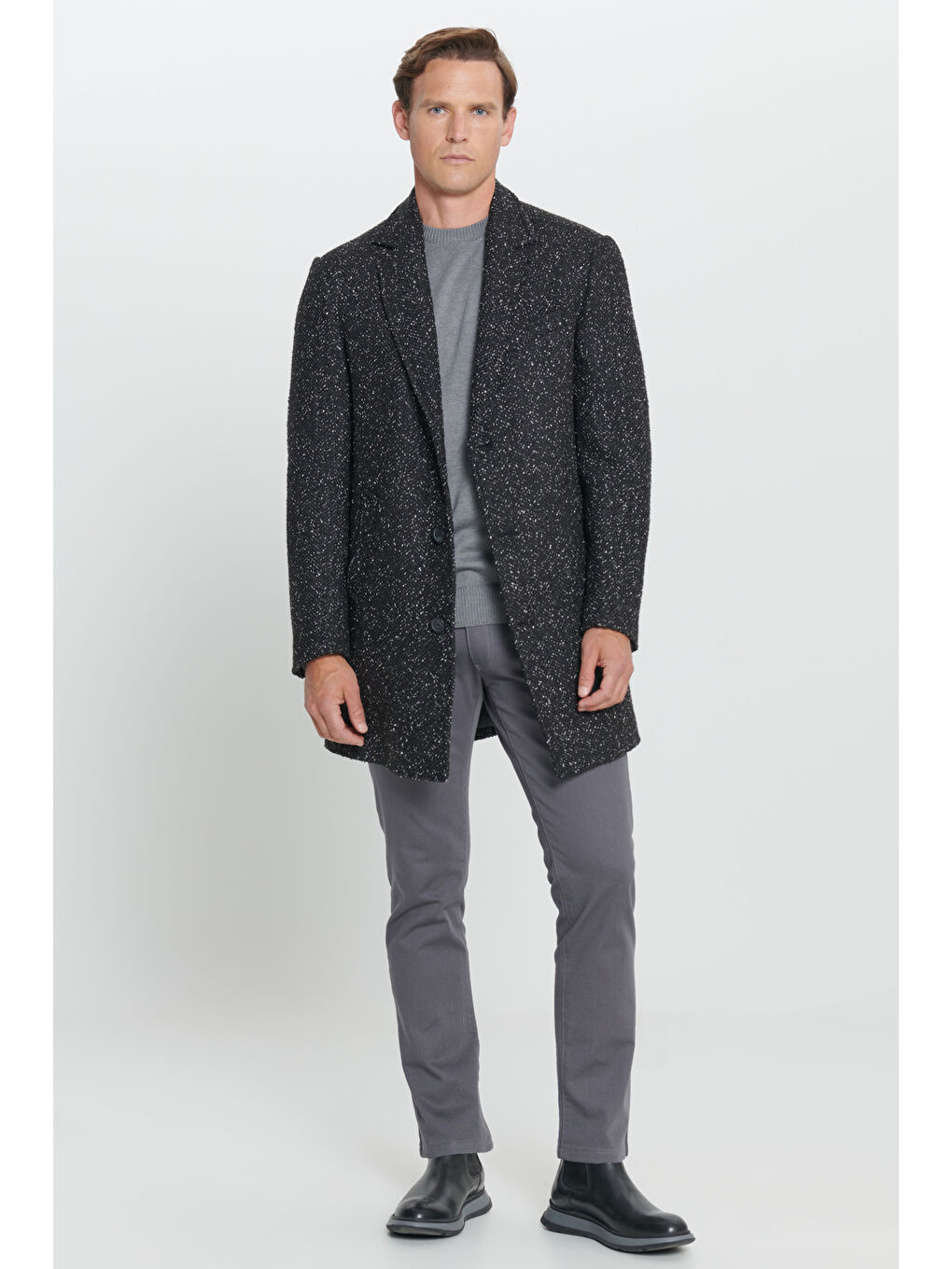 Erkek Siyah Standart Fit Normal Kesim Mono Yaka Desenli Yünlü Palto-2