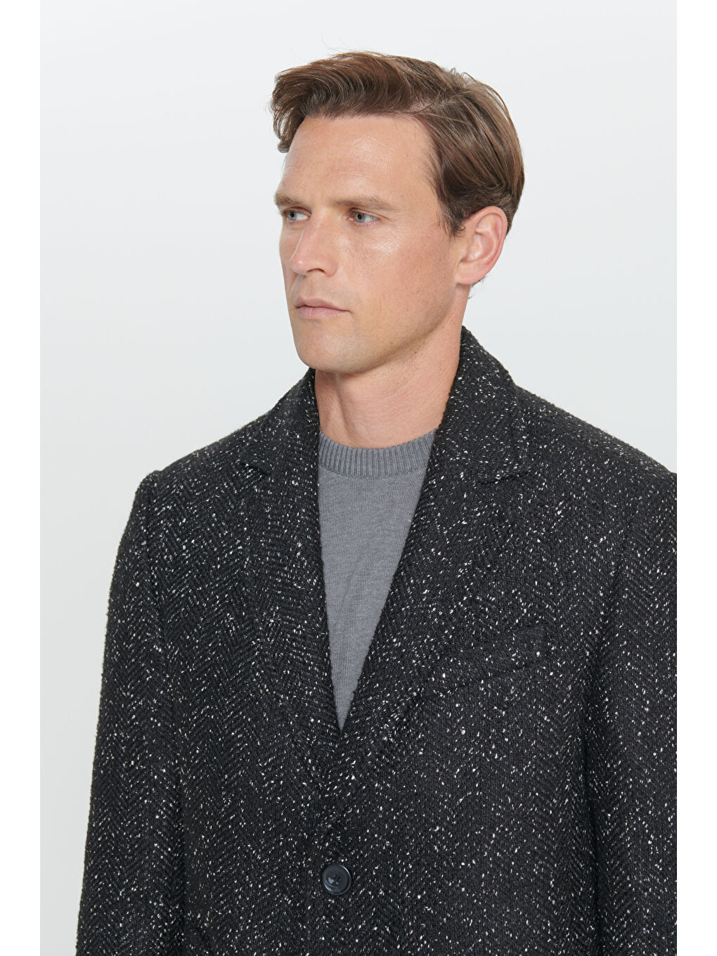 Erkek Siyah Standart Fit Normal Kesim Mono Yaka Desenli Yünlü Palto-3