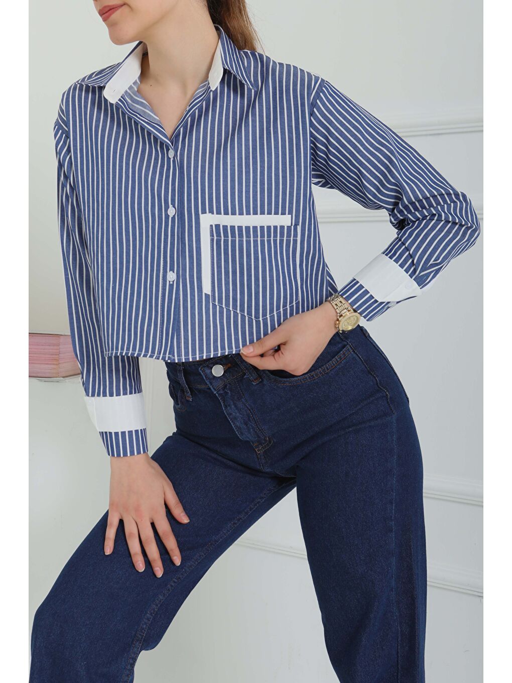 Çizgili Cepli Kısa Gömlek Lacivert - 27083