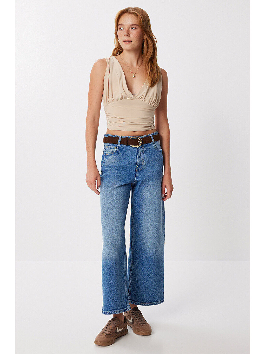 Kahverengi Derin V Yakalı Crop Sandy Örme Bluz LATTE LBF0004-1