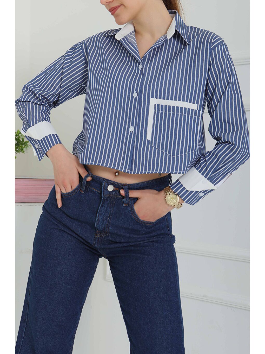 Çizgili Cepli Kısa Gömlek Lacivert - 27083-1