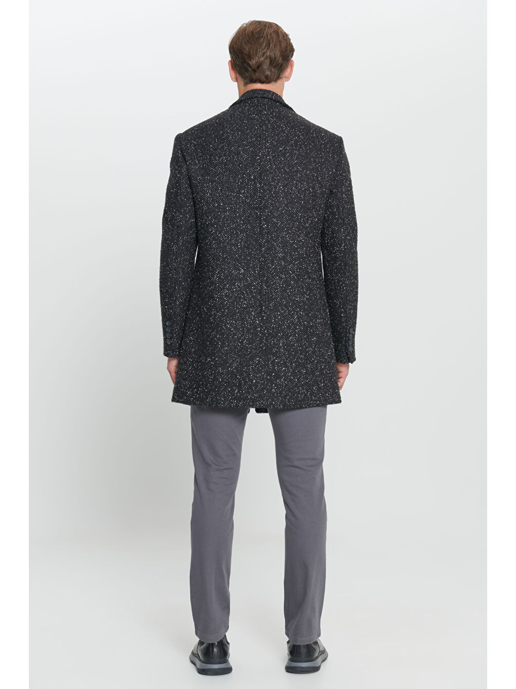 Erkek Siyah Standart Fit Normal Kesim Mono Yaka Desenli Yünlü Palto-4