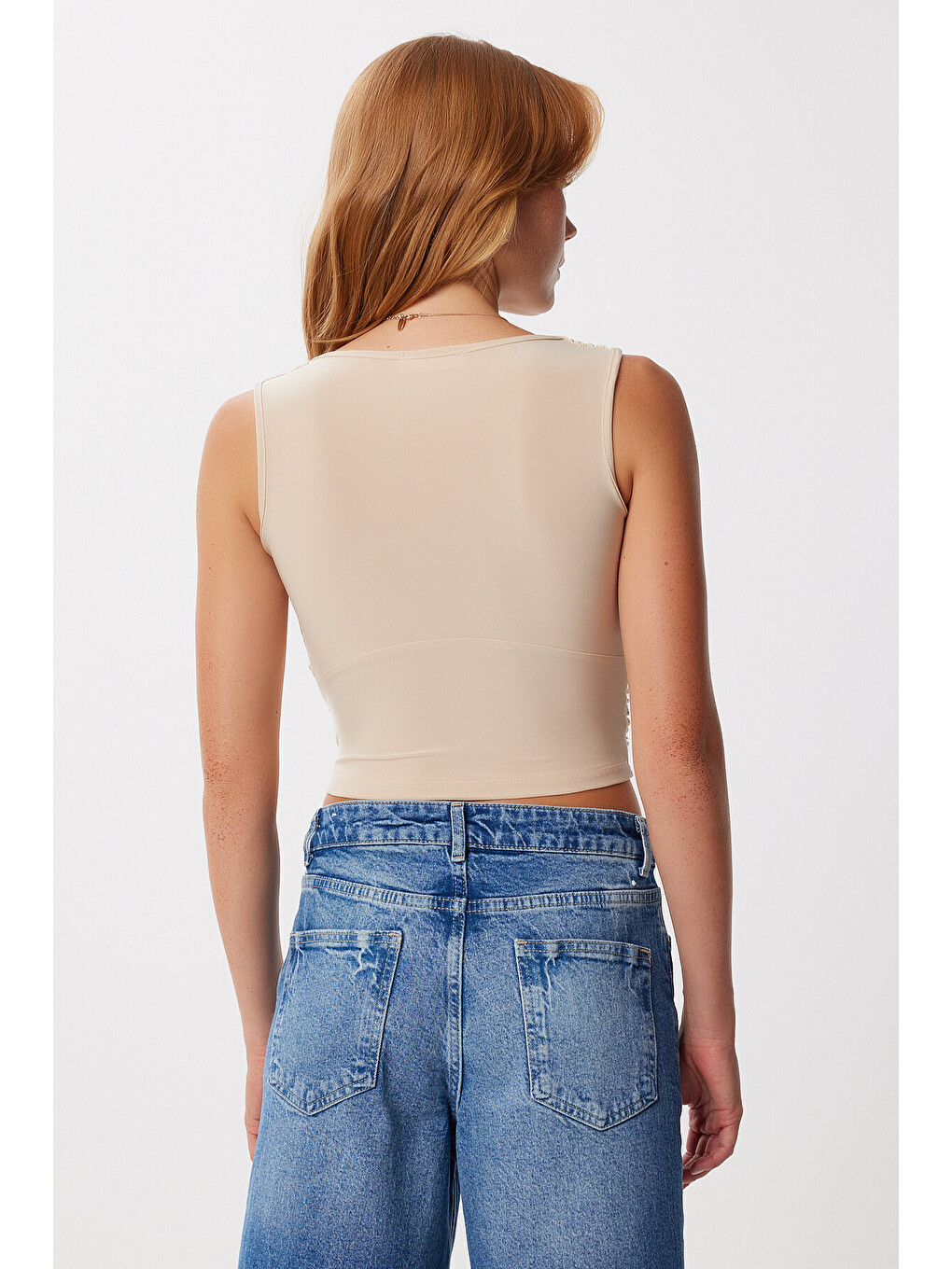 Kahverengi Derin V Yakalı Crop Sandy Örme Bluz LATTE LBF0004-3