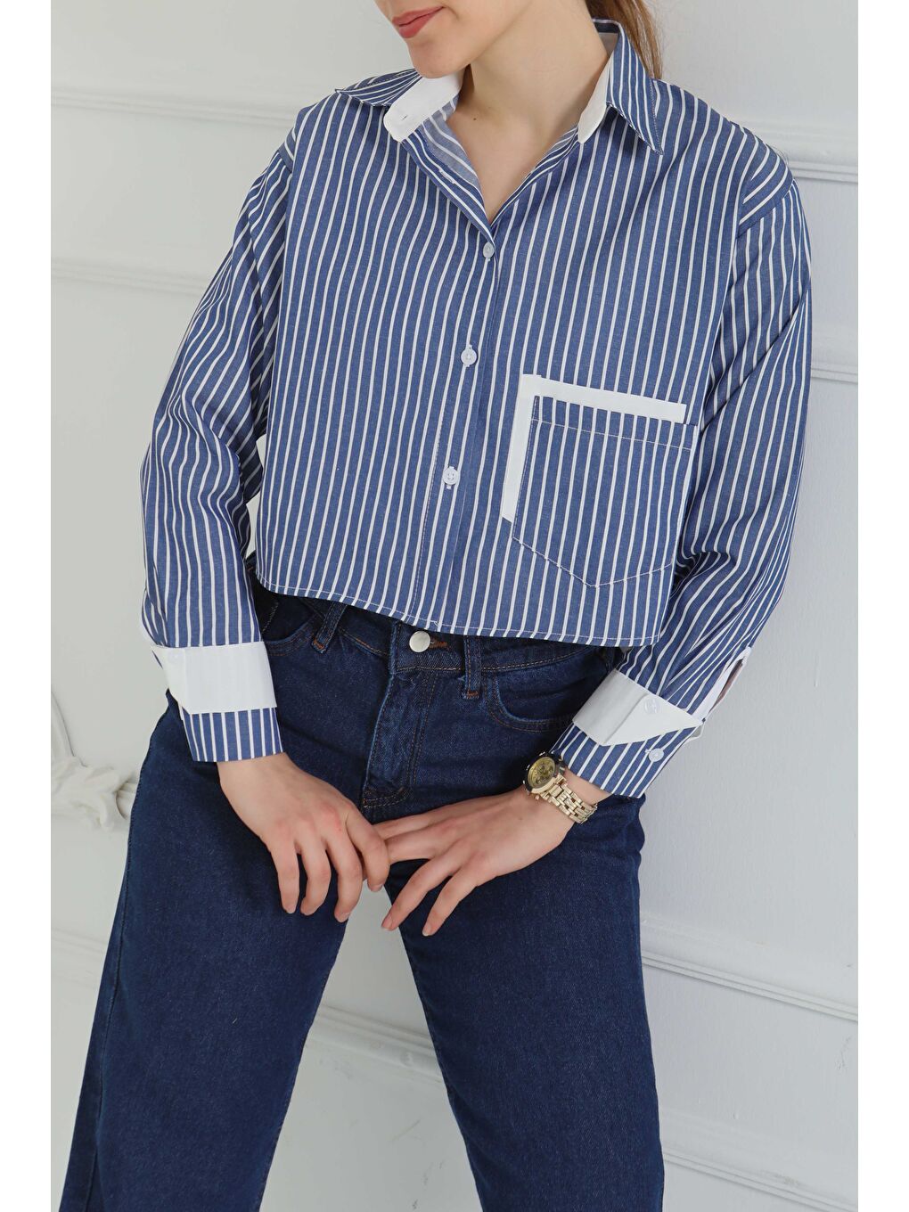 Çizgili Cepli Kısa Gömlek Lacivert - 27083-2