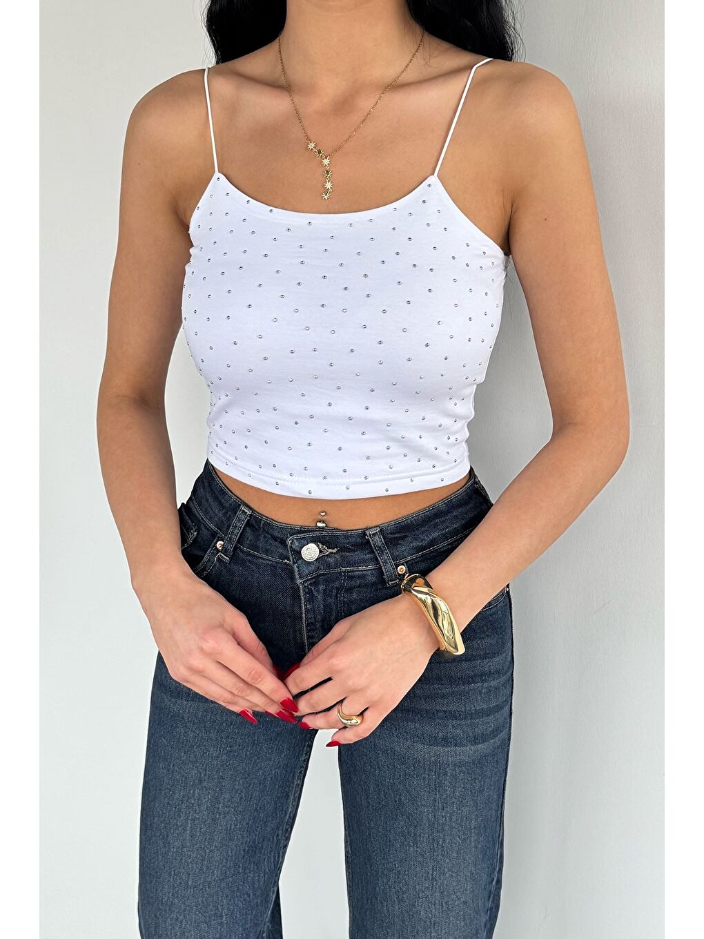 Beyaz Kadın Lastik Askılı Taşlı Crop Top Bluz-3