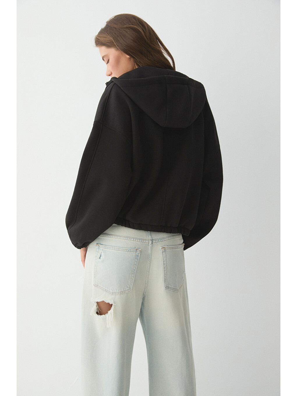 Valıt Kadın Çift Cepli Eteği Ve Kol Ucu Lastikli Fermuarlı Oversize Siyah Sweatshirt-2
