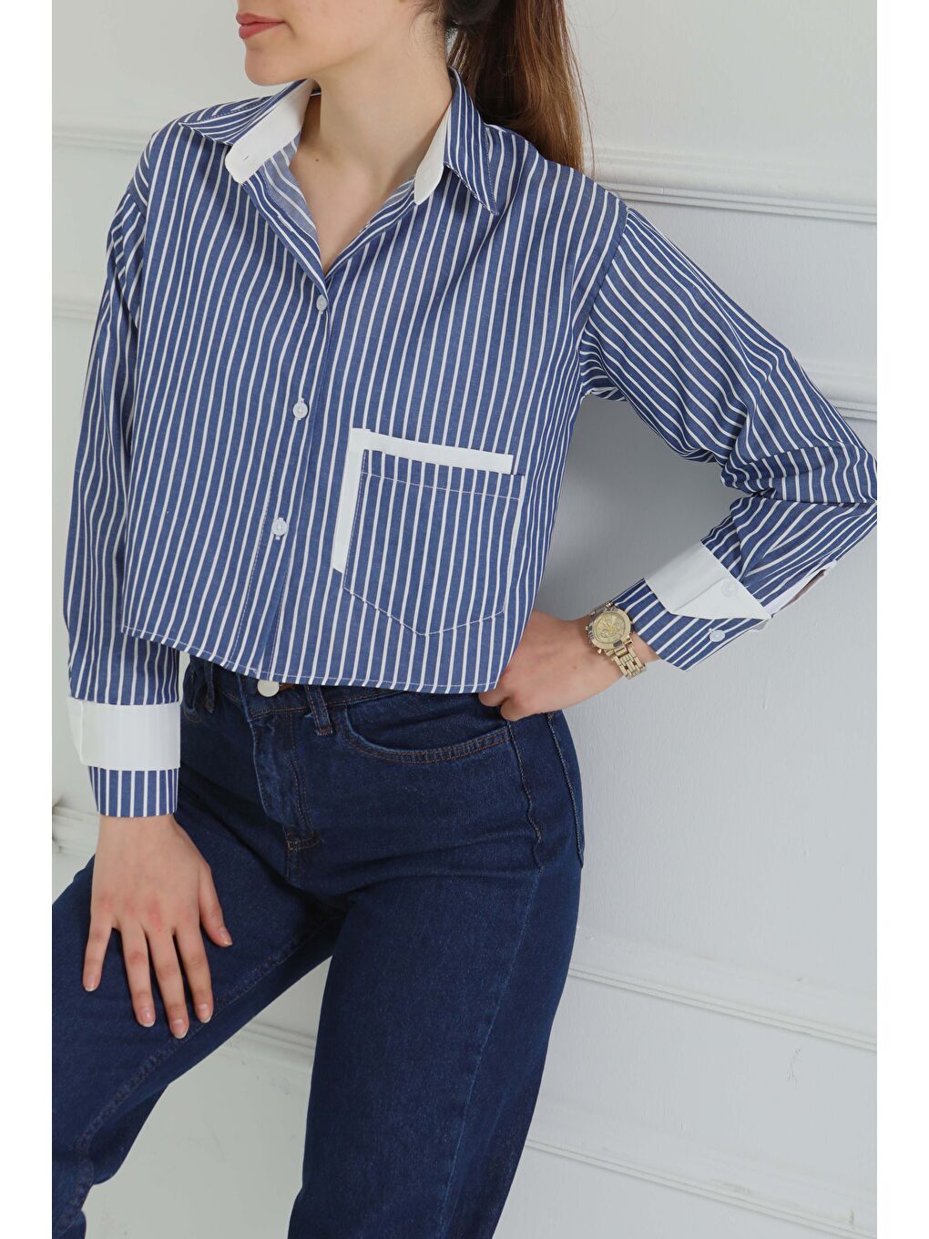 Çizgili Cepli Kısa Gömlek Lacivert - 27083-3