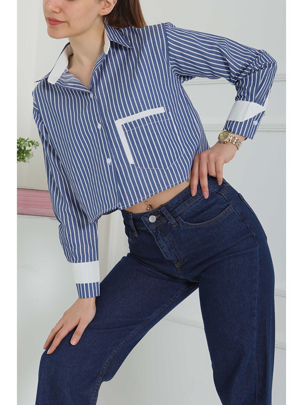 Çizgili Cepli Kısa Gömlek Lacivert - 27083-4