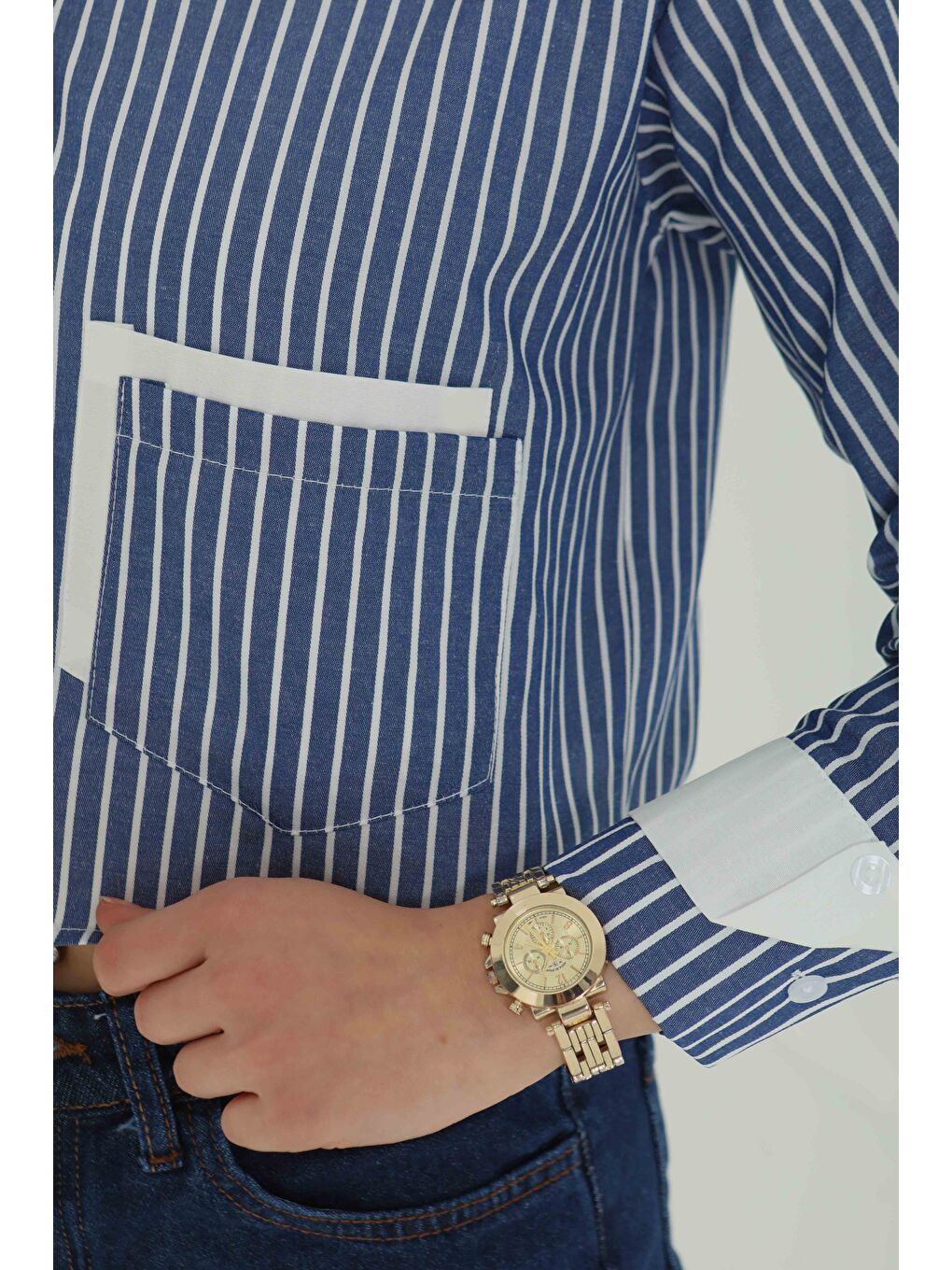 Çizgili Cepli Kısa Gömlek Lacivert - 27083-5