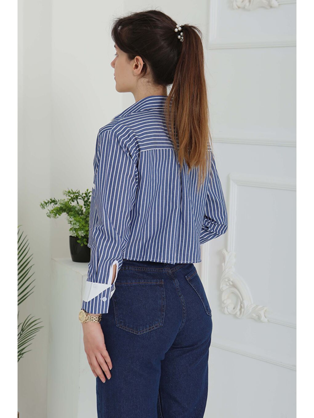 Çizgili Cepli Kısa Gömlek Lacivert - 27083-6