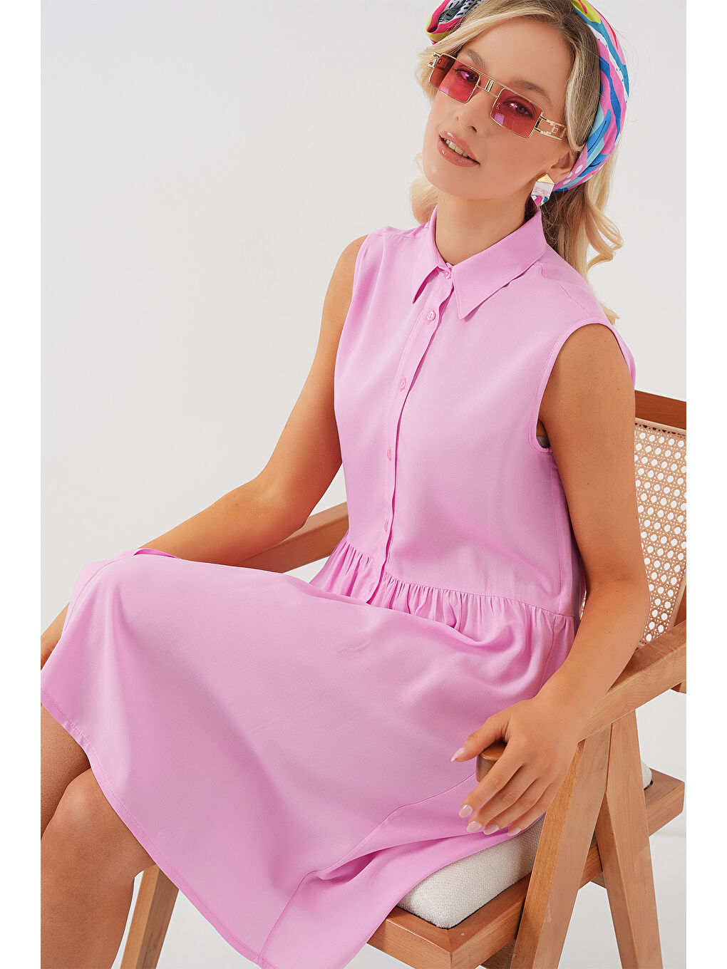 Kadın Sıfır Kol Midi Elbise 2563 - Pembe-1