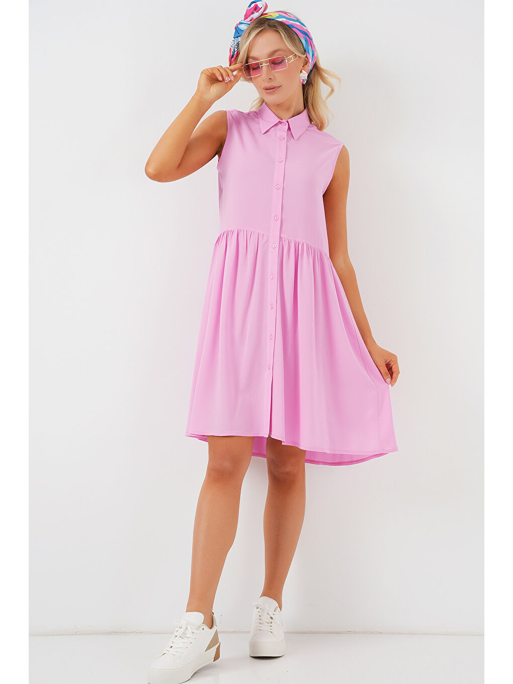 Kadın Sıfır Kol Midi Elbise 2563 - Pembe-2